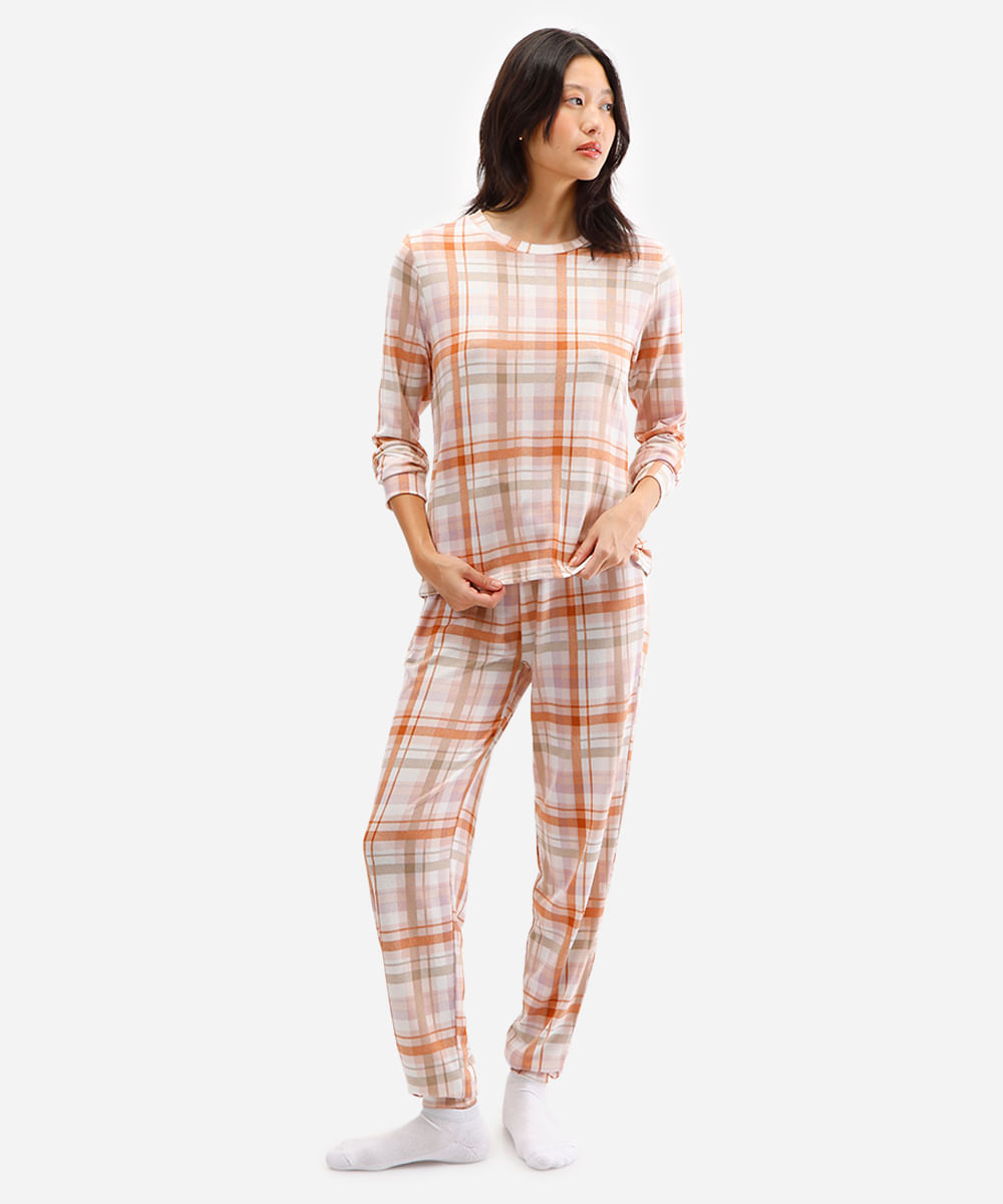 pijama longo feminino xadrez bege