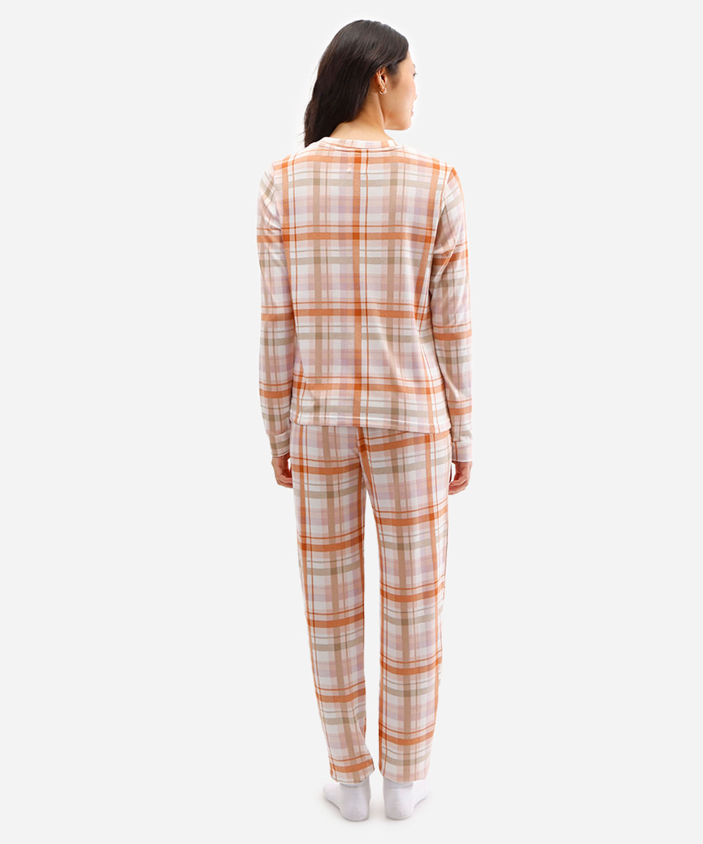 pijama longo feminino xadrez bege