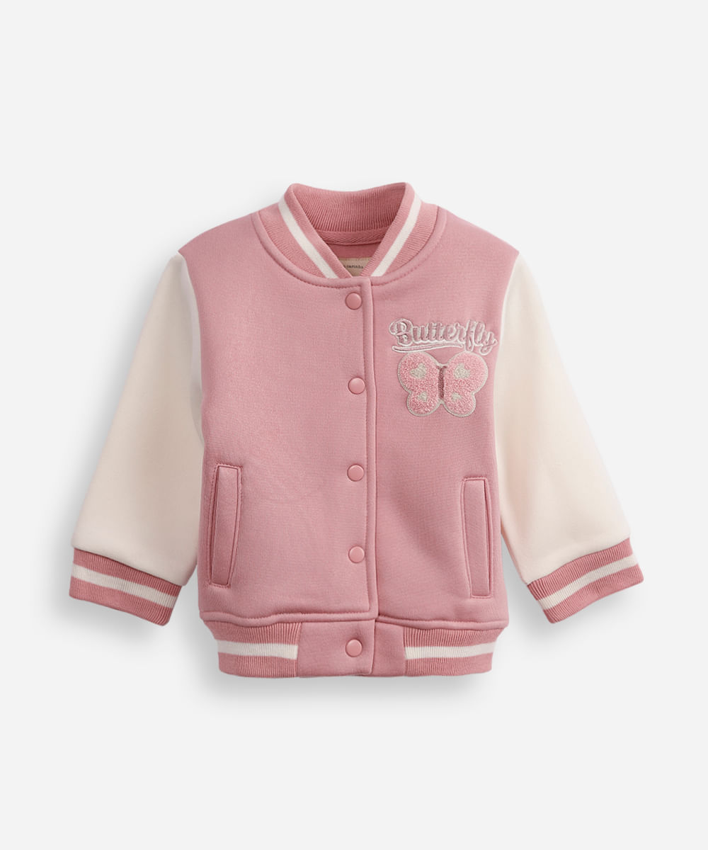 jaqueta bomber infantil de moletom borboleta rosa