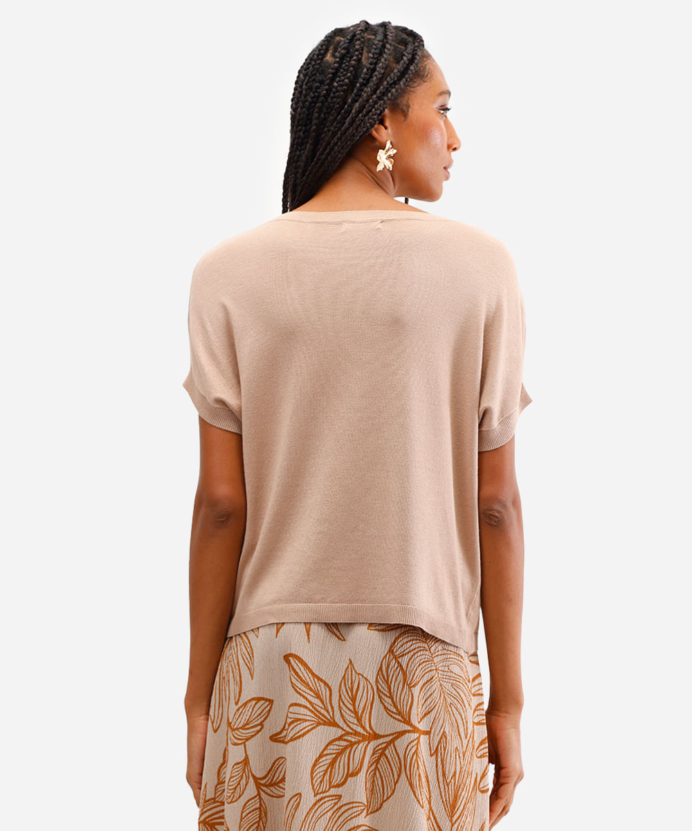 blusa feminina de tricot manga curta bege