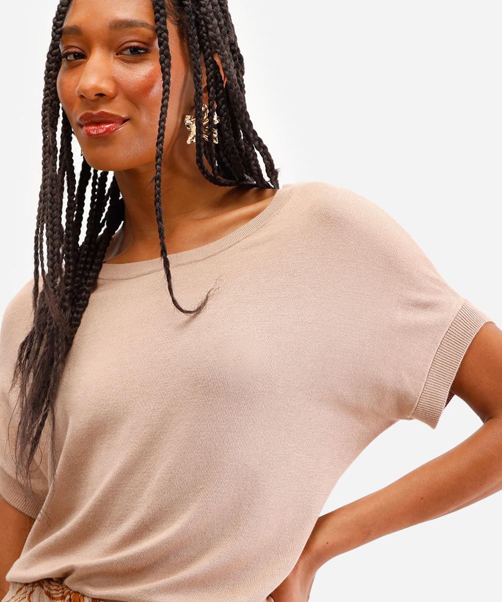 blusa feminina de tricot manga curta bege