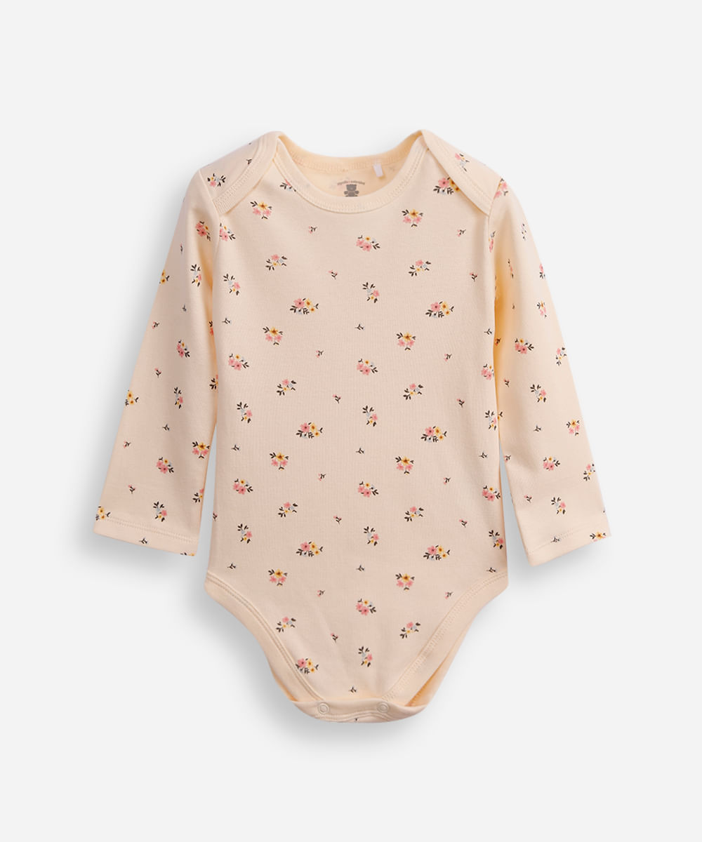 body infantil de algodão manga longa floral bege