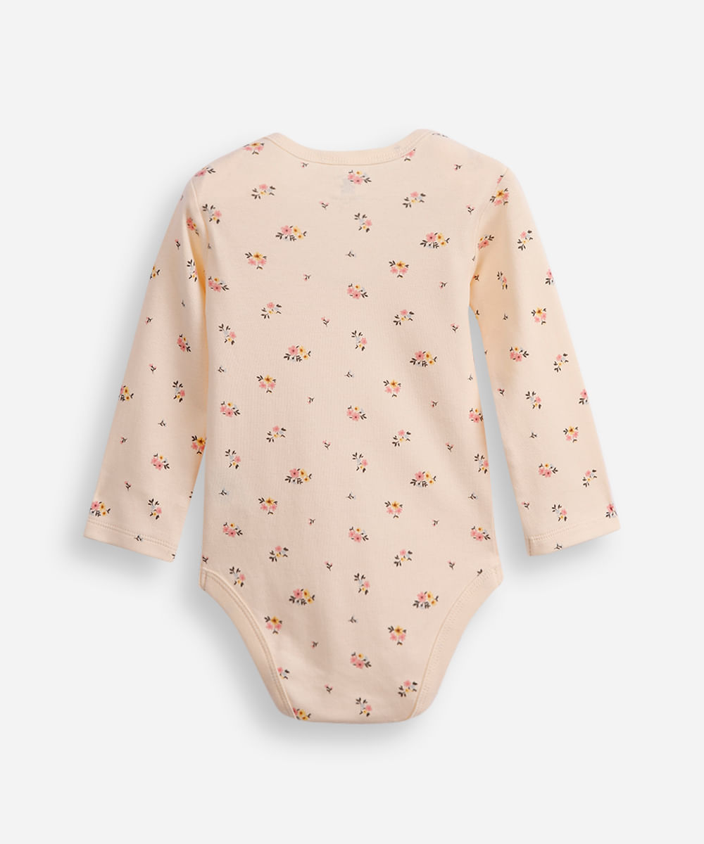 body infantil de algodão manga longa floral bege