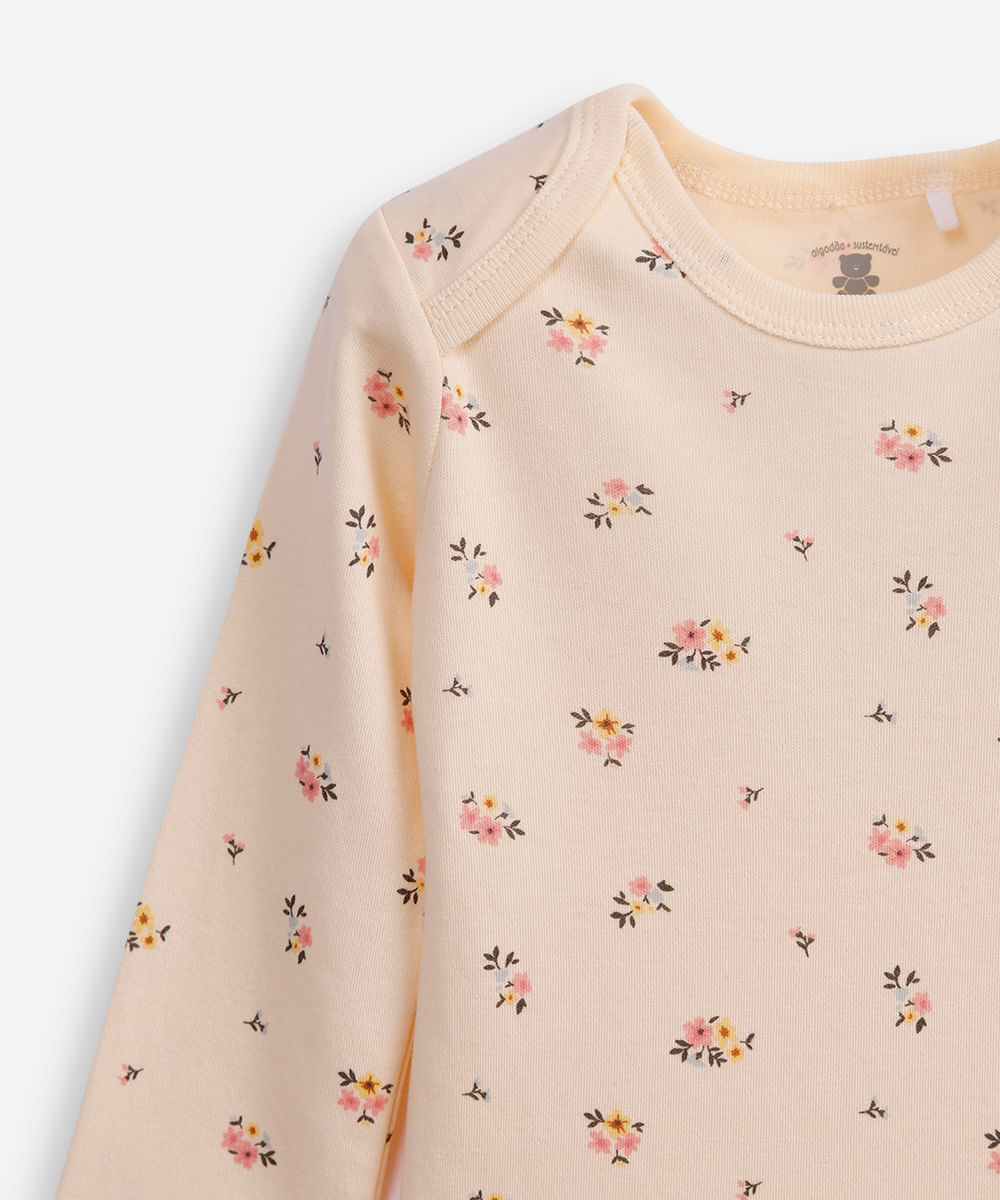 body infantil de algodão manga longa floral bege