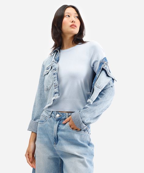 blusa cropped de tricot manga curta vermelho - azul claro