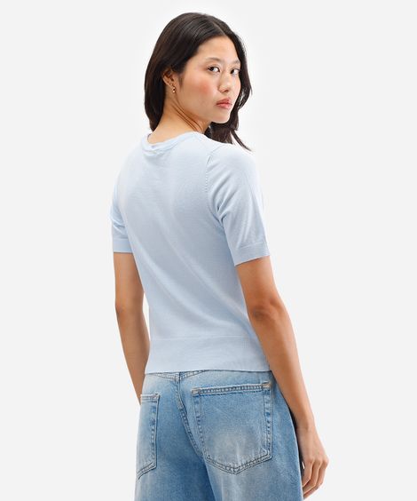 blusa cropped de tricot manga curta vermelho - azul claro