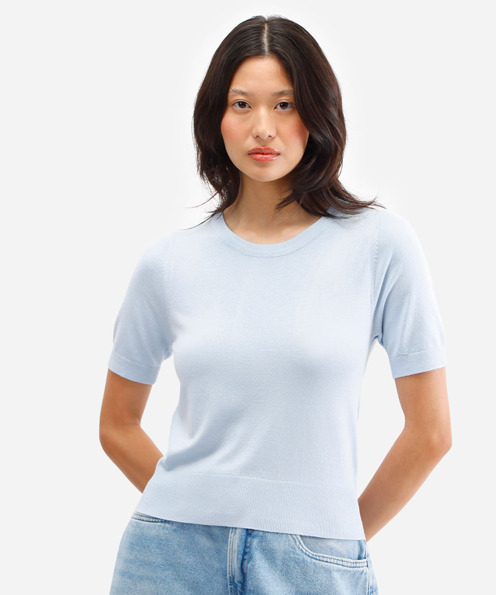 blusa cropped de tricot manga curta vermelho - azul claro