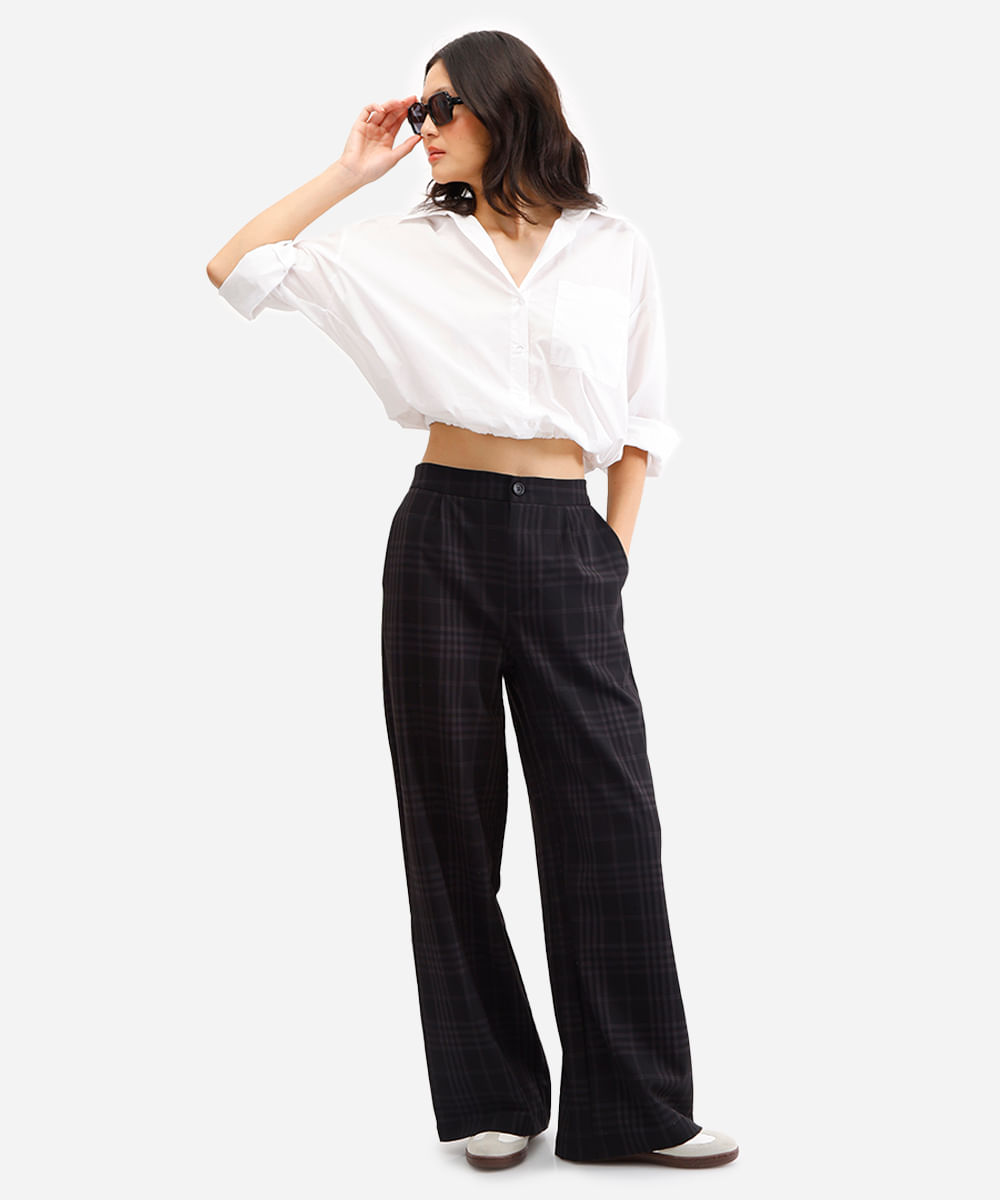 calça wide leg feminina xadrez cinza