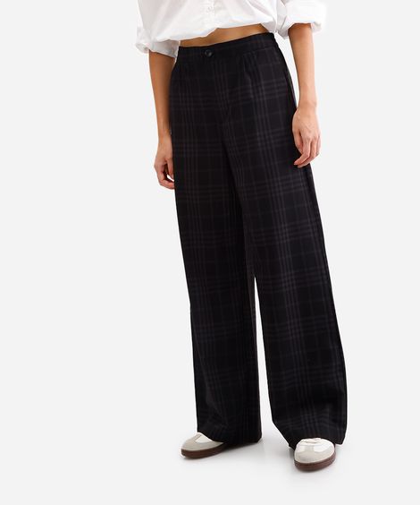 calça wide leg feminina xadrez cinza