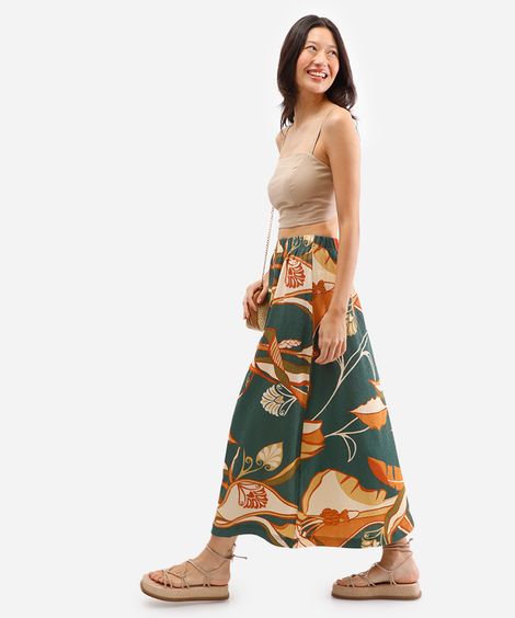 saia midi feminina texturizada folhagens verde
