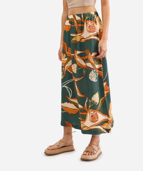 saia midi feminina texturizada folhagens verde