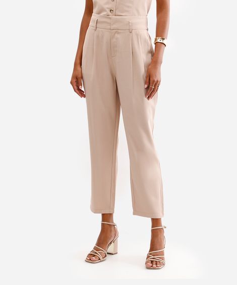 calça feminina de alfaiataria com pregas bege