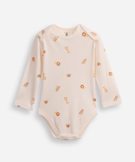 body infantil de algodão manga longa bichinhos off white