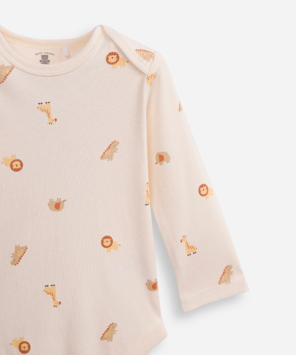 body infantil de algodão manga longa bichinhos off white