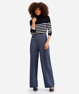 calça de alfaiataria feminina com pregas azul