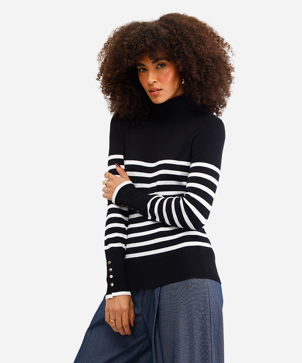 suéter feminino gola alta listrado preto