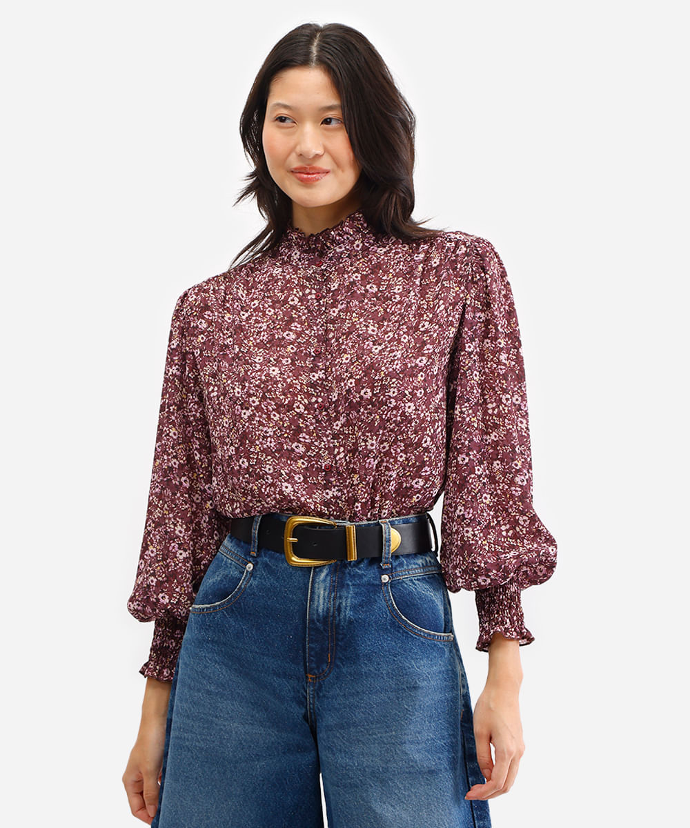 camisa feminina manga longa floral marrom