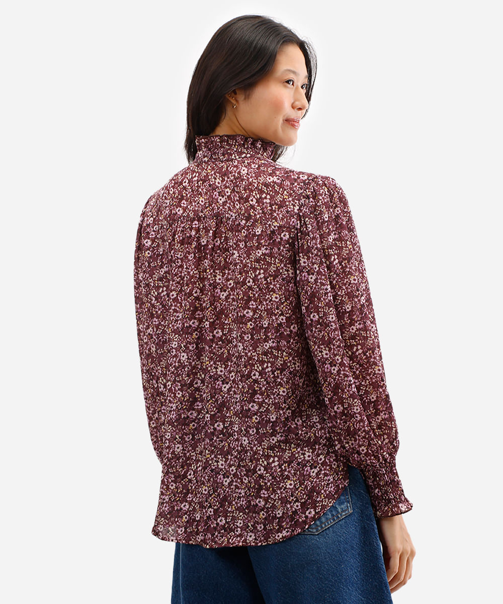 camisa feminina manga longa floral marrom