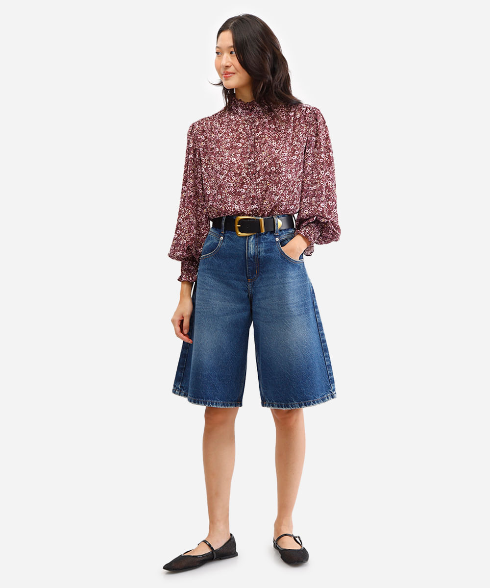 camisa feminina manga longa floral marrom