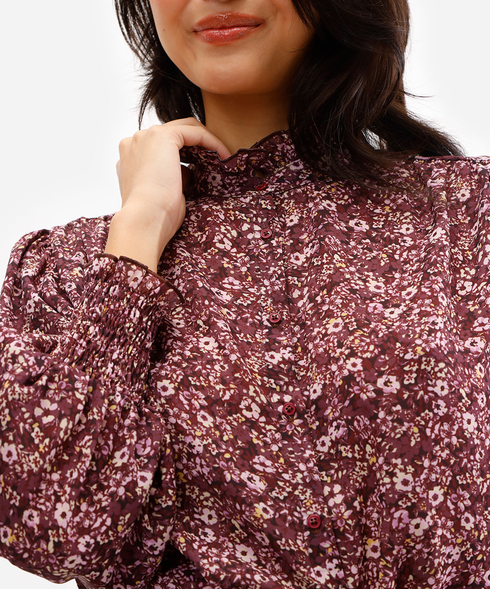 camisa feminina manga longa floral marrom