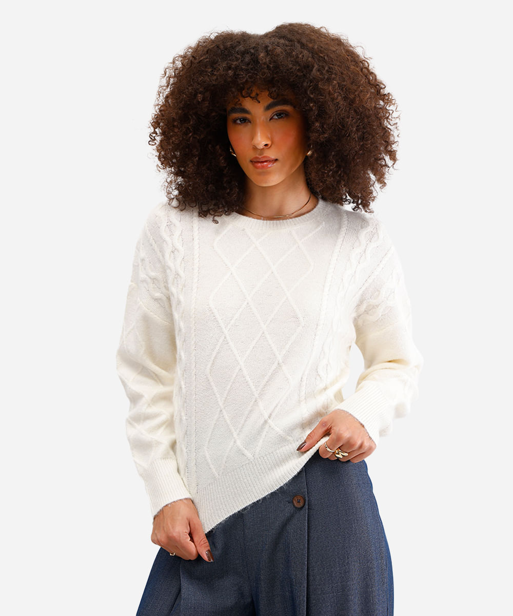 suéter feminino de tricot texturizado off white