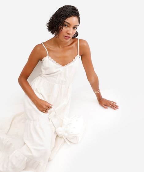 vestido midi feminino de viscose com renda off white