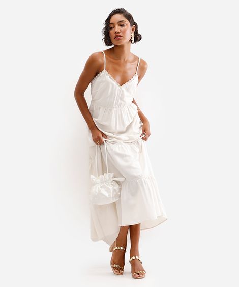 vestido midi feminino de viscose com renda off white