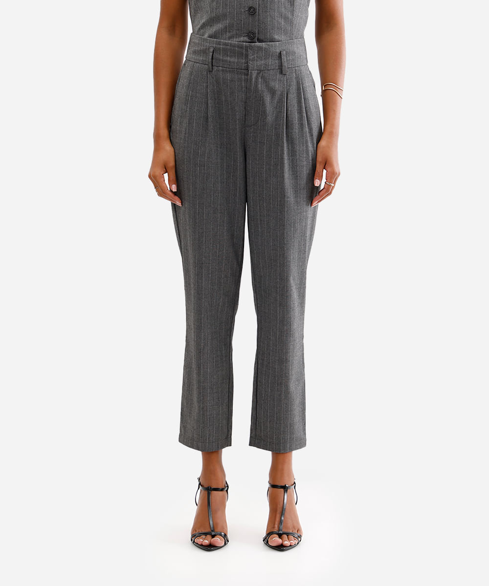 calça feminina de alfaiataria listrada cinza