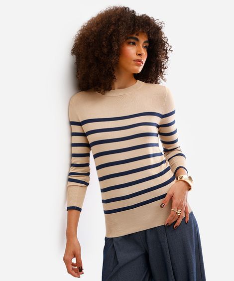 suéter feminino de tricot listrado - areia