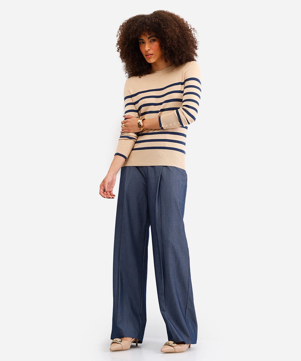 suéter feminino de tricot listrado - areia