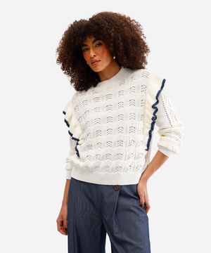 suéter feminino de tricot com babados off white
