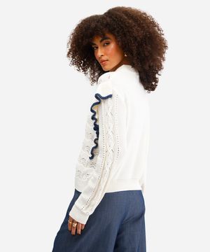 suéter feminino de tricot com babados off white
