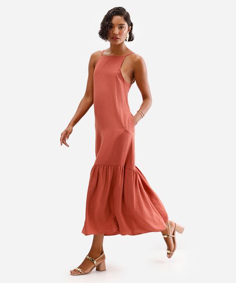 vestido midi de viscose halter neck laranja