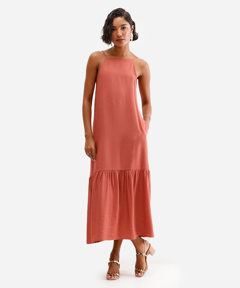 vestido midi de viscose halter neck laranja