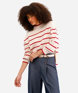 suéter de tricot manga longa listrado vermelho