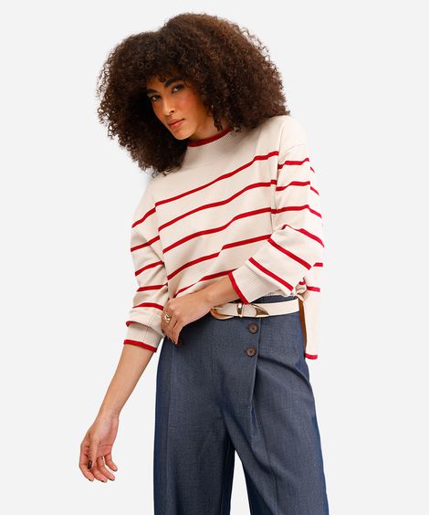 suéter de tricot manga longa listrado vermelho