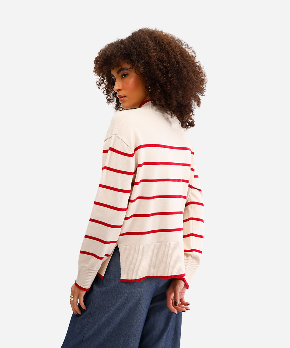 suéter de tricot manga longa listrado vermelho
