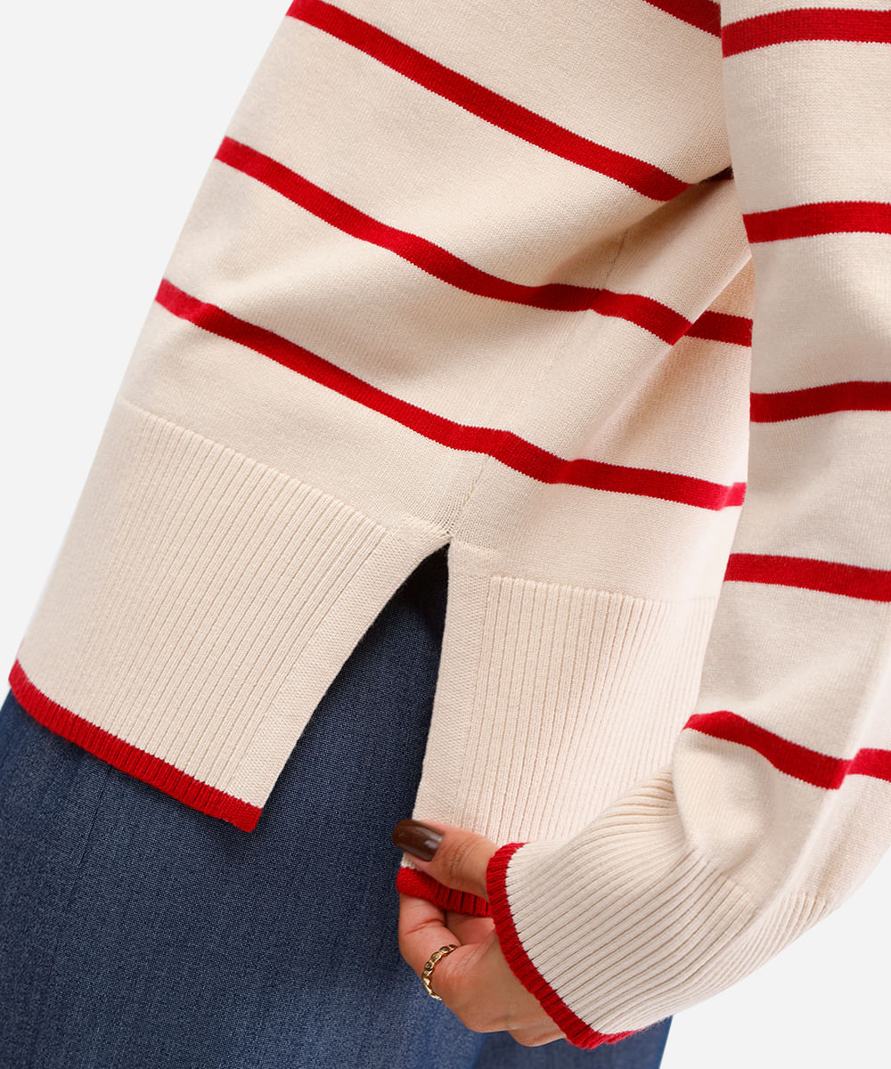 suéter de tricot manga longa listrado vermelho