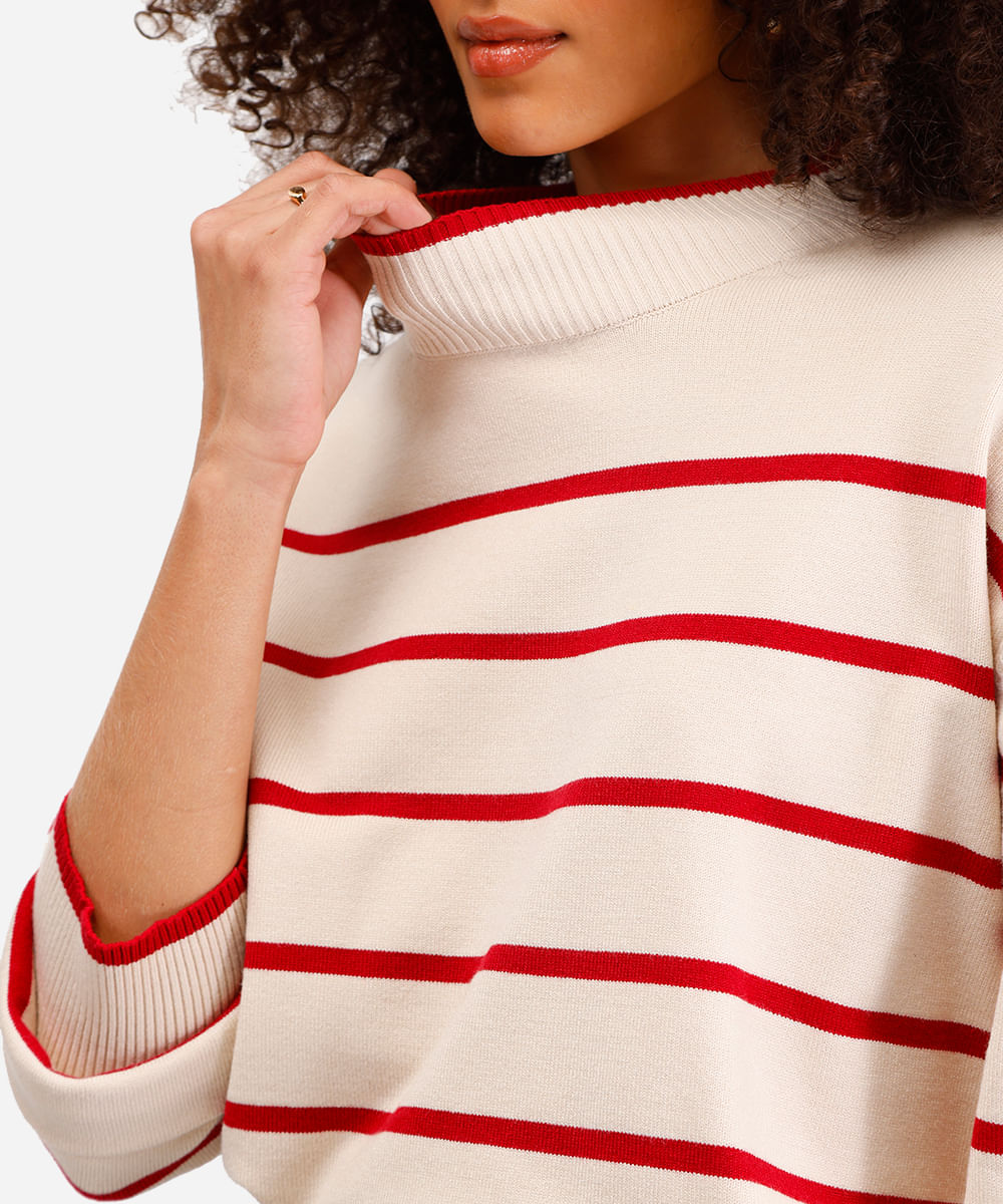 suéter de tricot manga longa listrado vermelho
