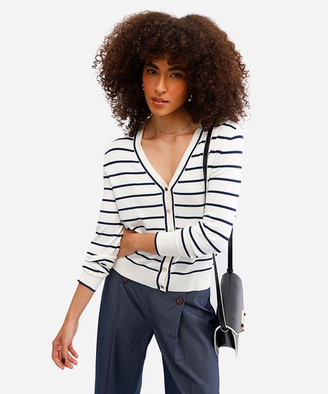 cardigan feminino de viscose listrado off white