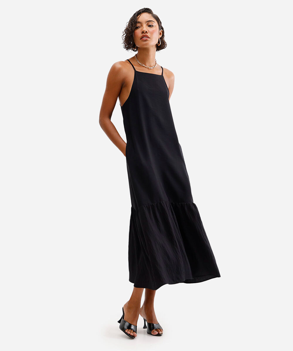 vestido midi de viscose halter neck preto