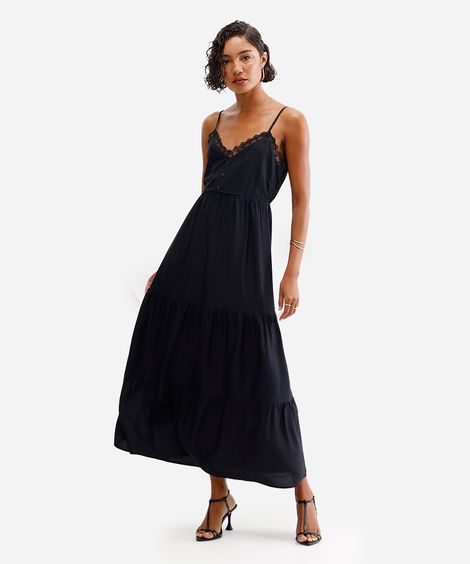 vestido midi  feminino de viscose com renda preto