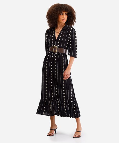 vestido longo feminino de viscose com bordado preto