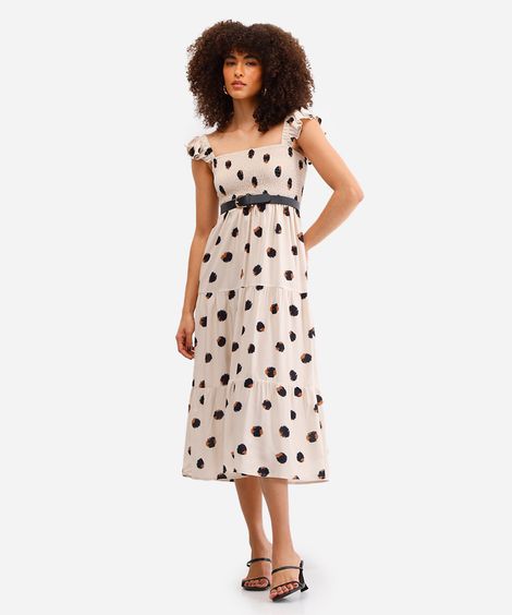 vestido midi feminino de viscose poá bege