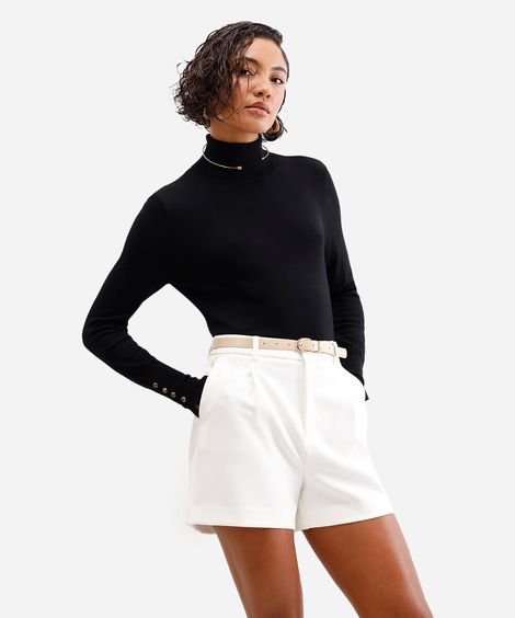 blusa gola alta manga longa botões - preto