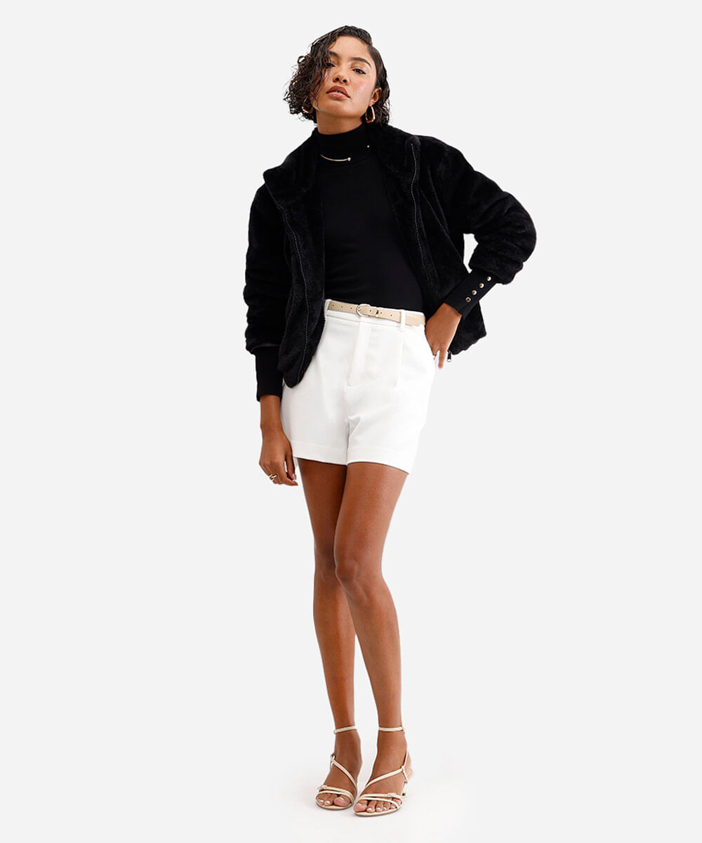 blusa gola alta manga longa botões - preto