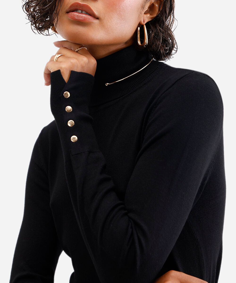 blusa gola alta manga longa botões - preto