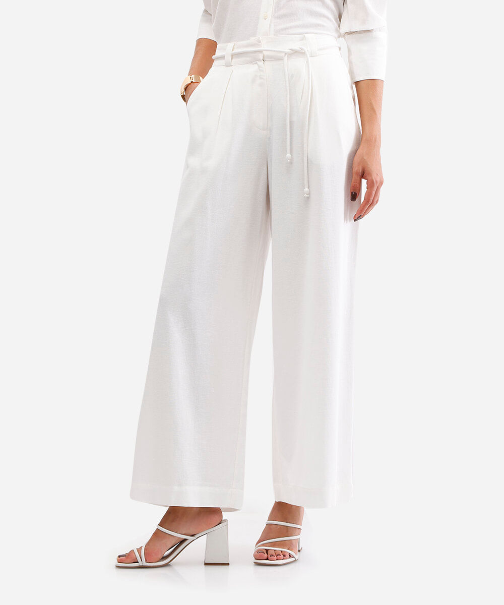 calça wide leg cropped com linho off white
