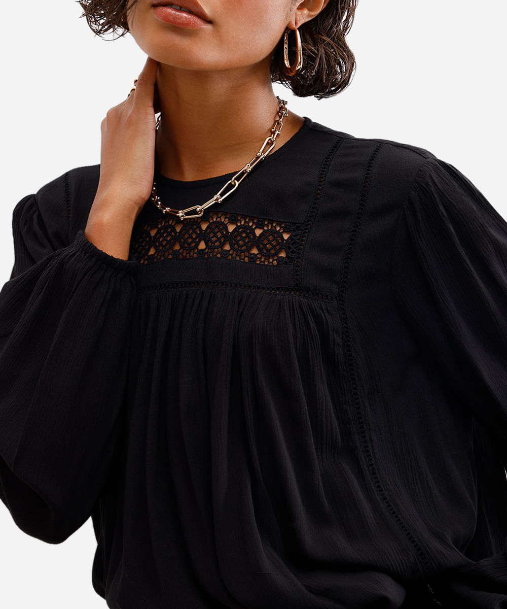 bata feminina de viscose com renda preto