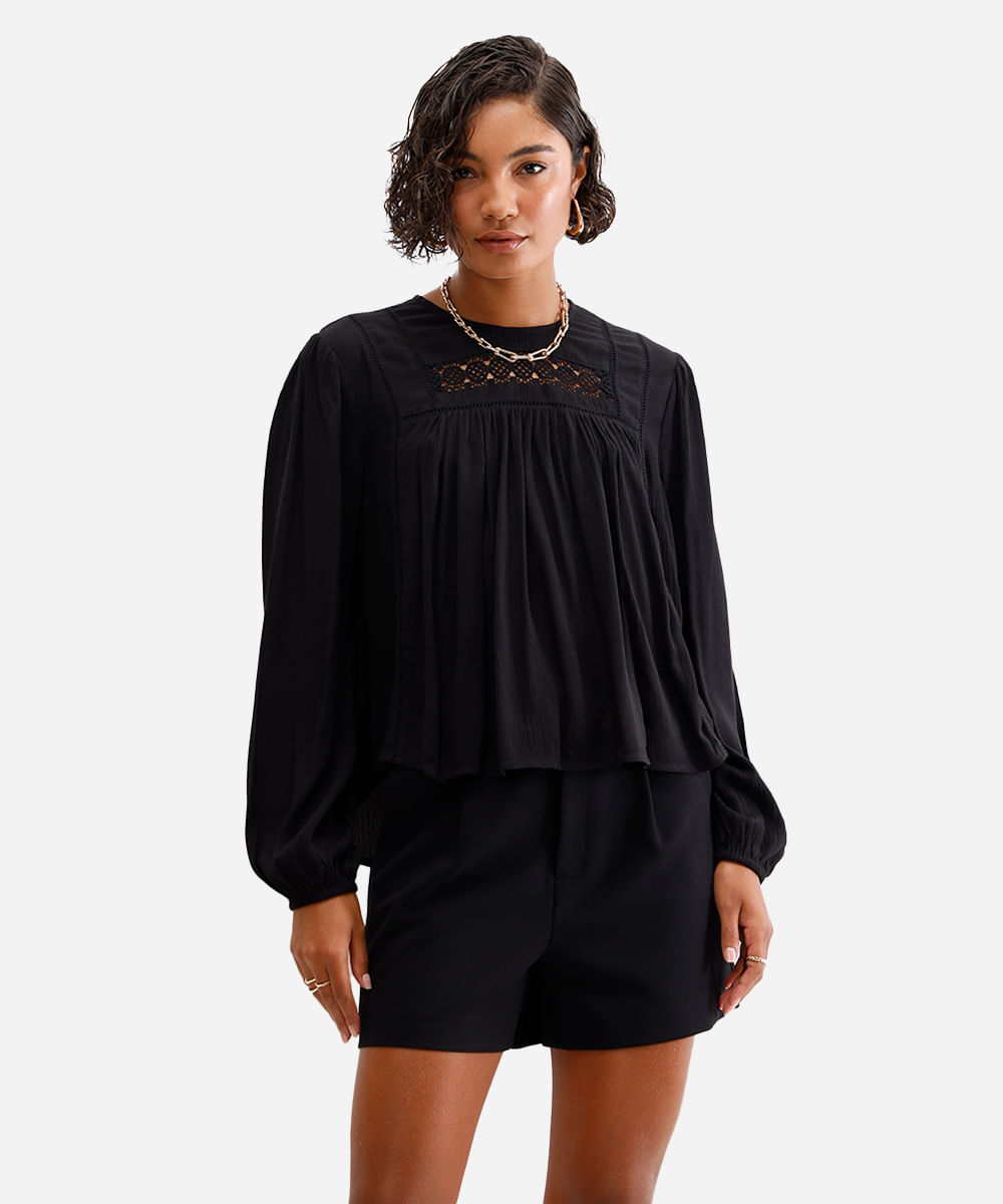 bata feminina de viscose com renda preto